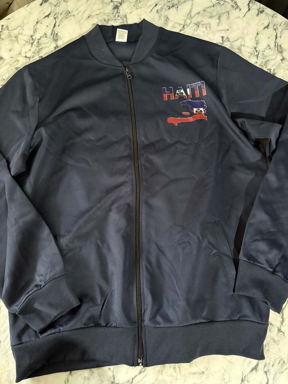 Haiti Full-Zip Bomber Jacket Size L Navy Blue Map Flag Print